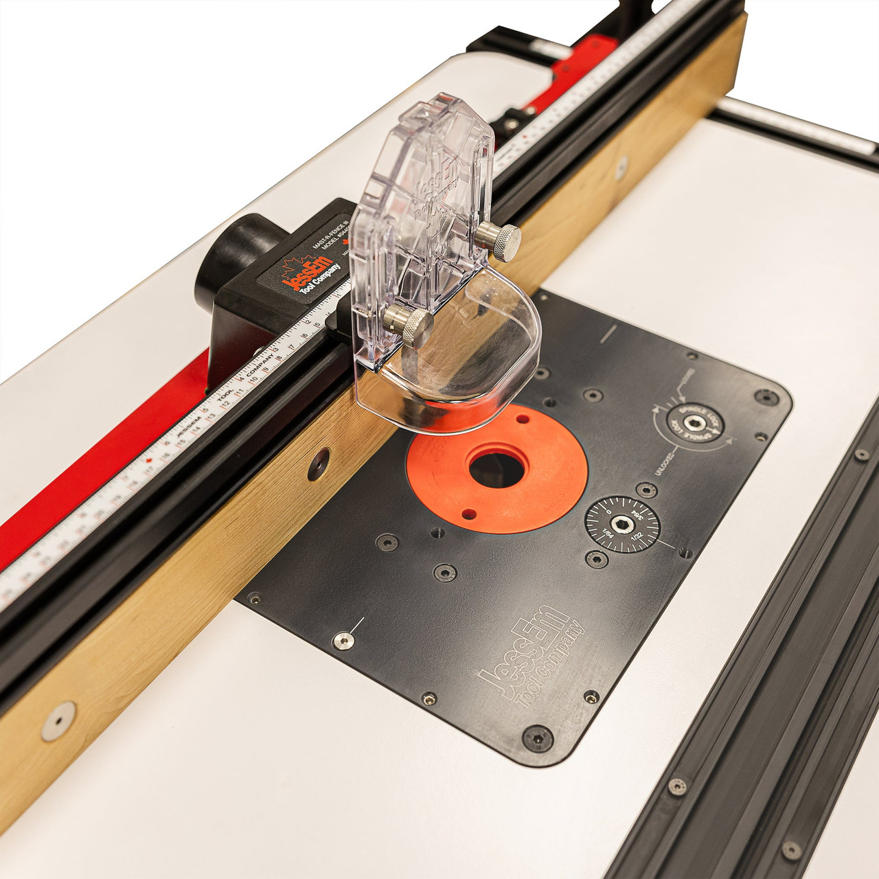 Mast-R-Fence III installed on router table, overhead angle around bit opening